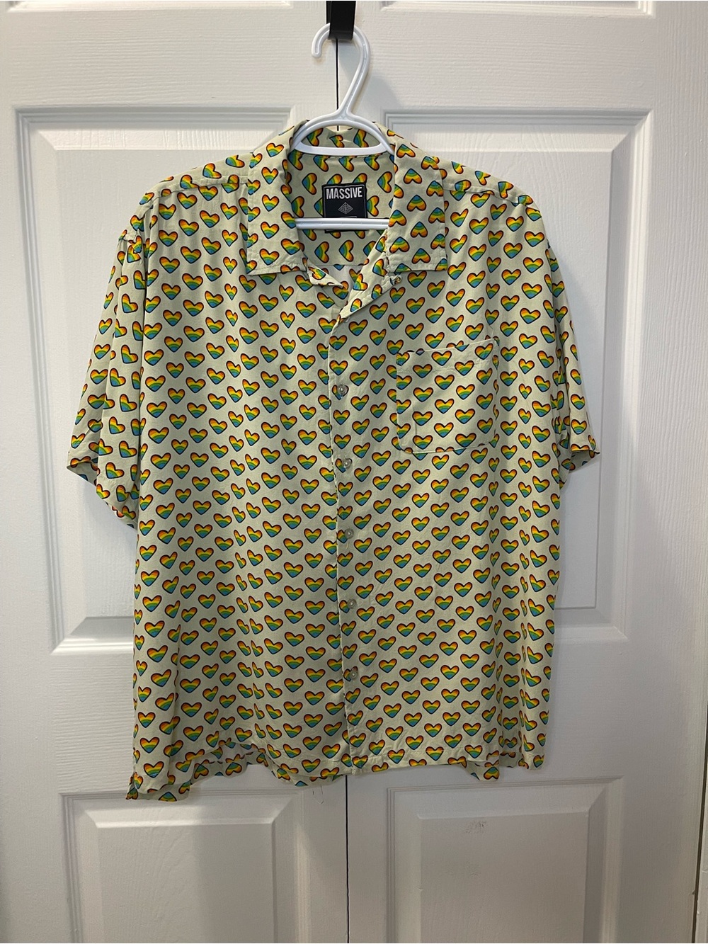 Unisex Off-White Short-Sleeve Button-Down Shirt with Rainbow Hearts